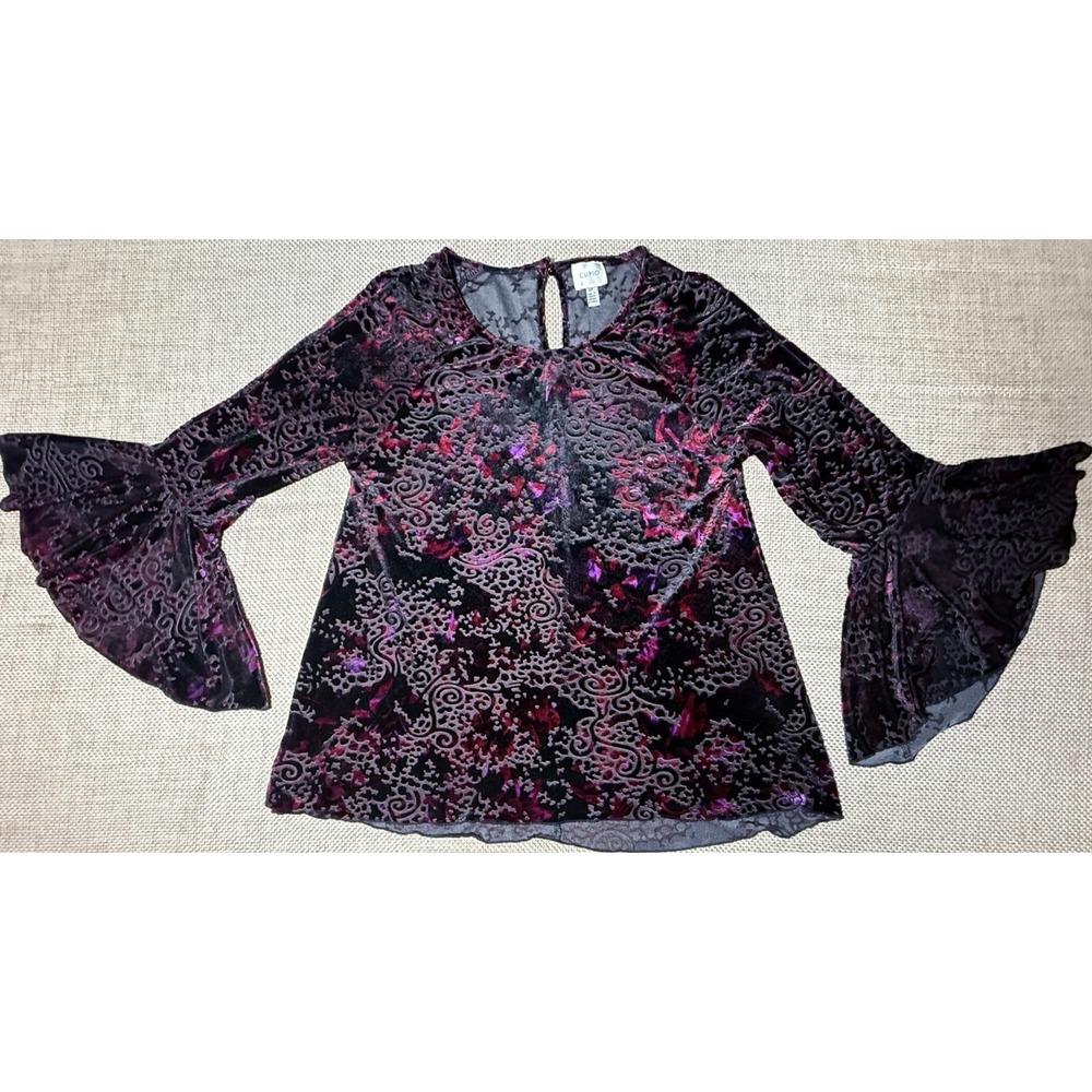 Vtg Y2K Top Velvet Burnout Small Whimsigoth Trumpet Bell Sleeve Witchy Goth Dark